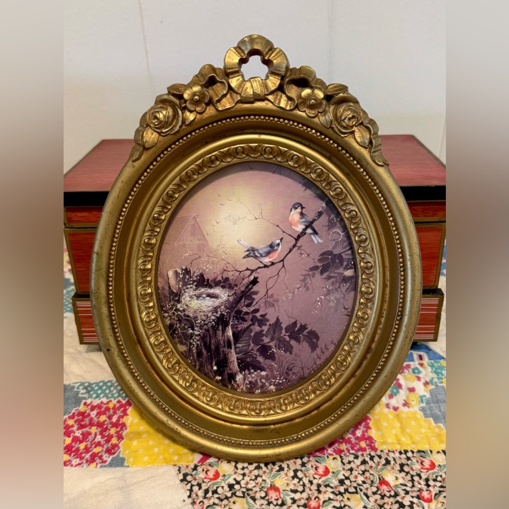 1982 Homco Gold Ornate Oval Frame with Bluebirds Cottagecore